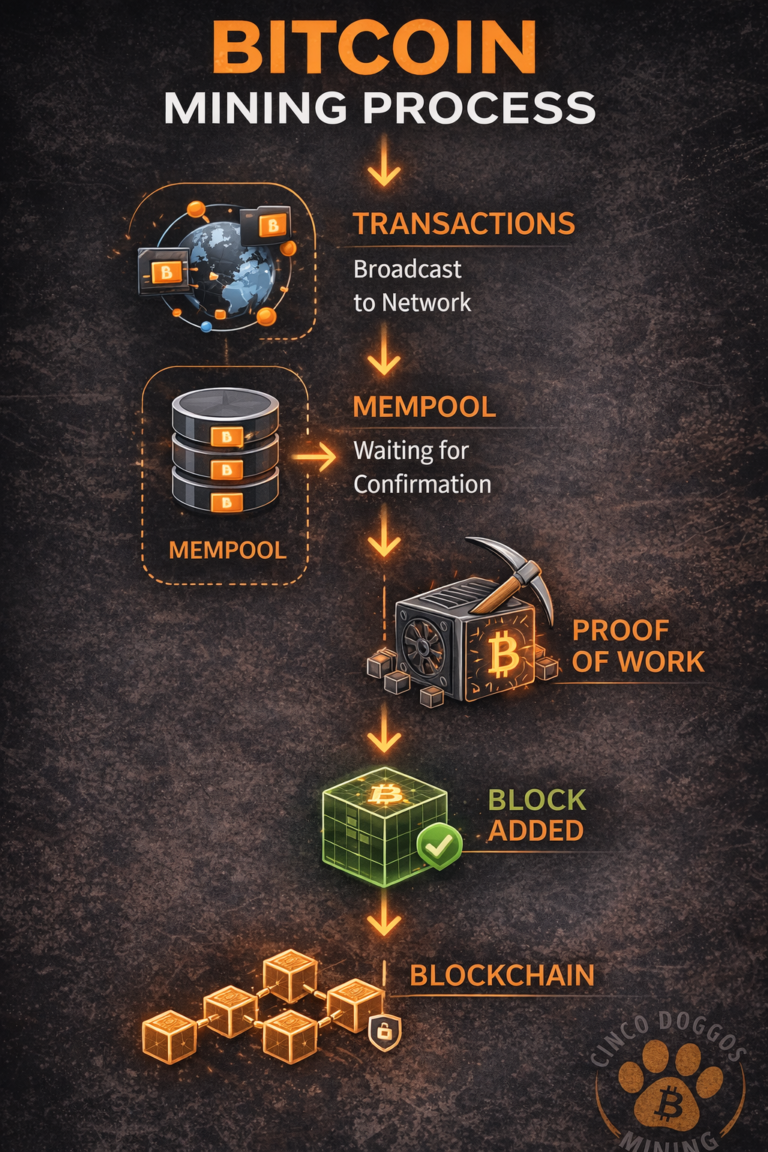 Bitcoin mining process diagram showing transactions entering the mempool, proof-of-work mining, and a new block added to the blockchain