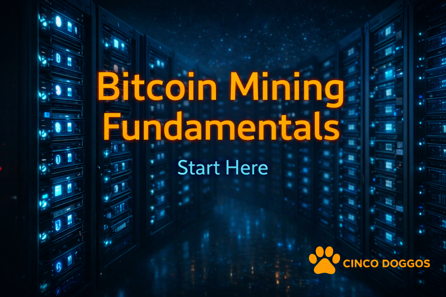 Bitcoin mining server racks in a data center with neon blue lighting and orange text reading Bitcoin Mining Fundamentals Start Here