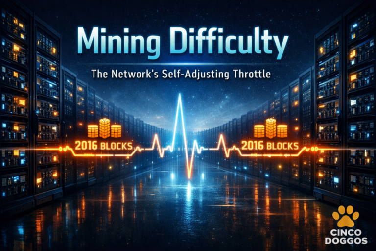 Bitcoin mining difficulty concept showing server racks, network waveform, and 2016 block adjustment cycle in a futuristic mining environment