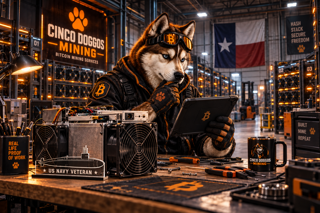Gordie, the Cinco Doggos husky mascot, working on Bitcoin mining hardware in the Cinco Doggos Mining lab.